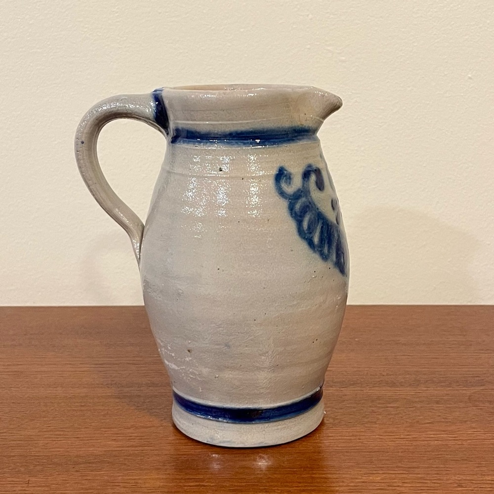 Vintage German Salt Glaze Stoneware Pitcher Rustic Farmhouse Cobalt Blue Jug 1L